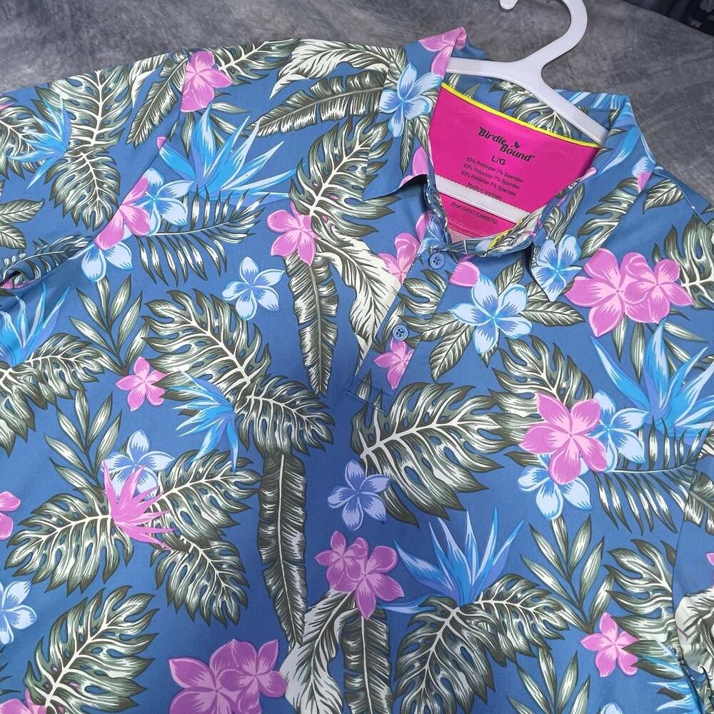 Birdie Bound Mens Blue Floral Tropical Performance Golf Polo Shirt Size L
